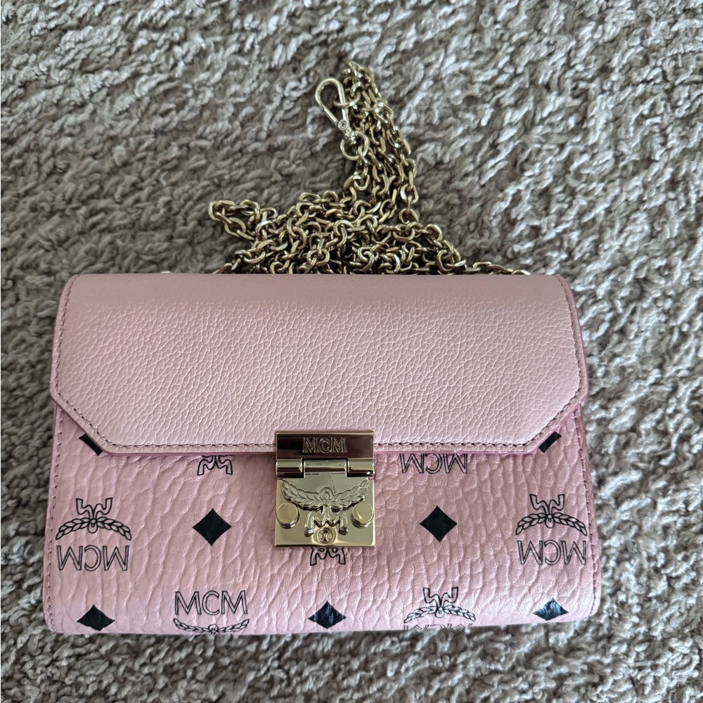 MCM Pink and Gold Crossbody Bag with Monogram Print